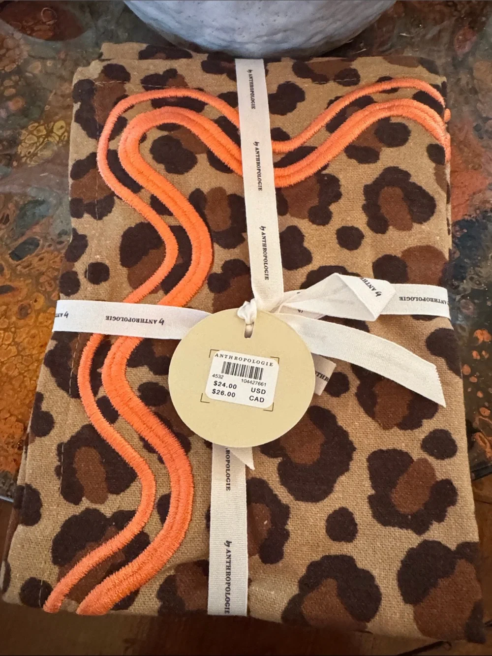 Anthropologie (2) Leopard Print Table Linen with Coral Trim